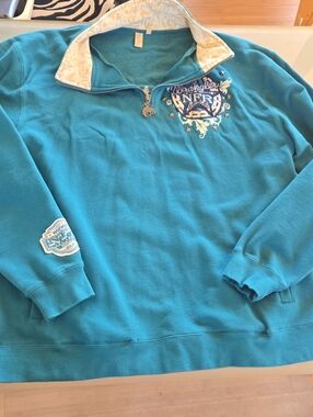 Wrangler Teal Zip-Neck Pullover with Embroidered Crest